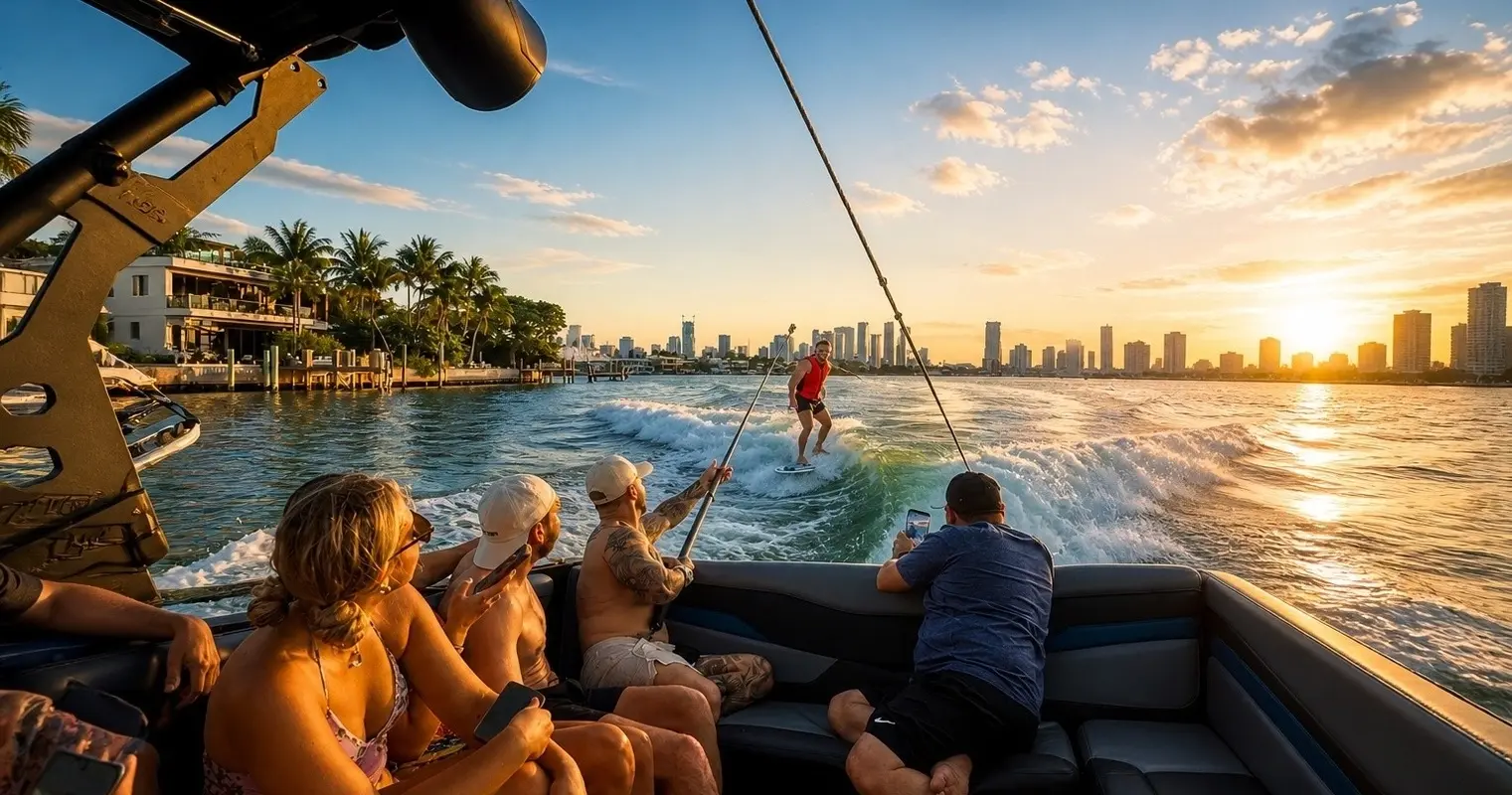 Guests watching a wakeboarder from a wake boat with the Miami skyline at sunset