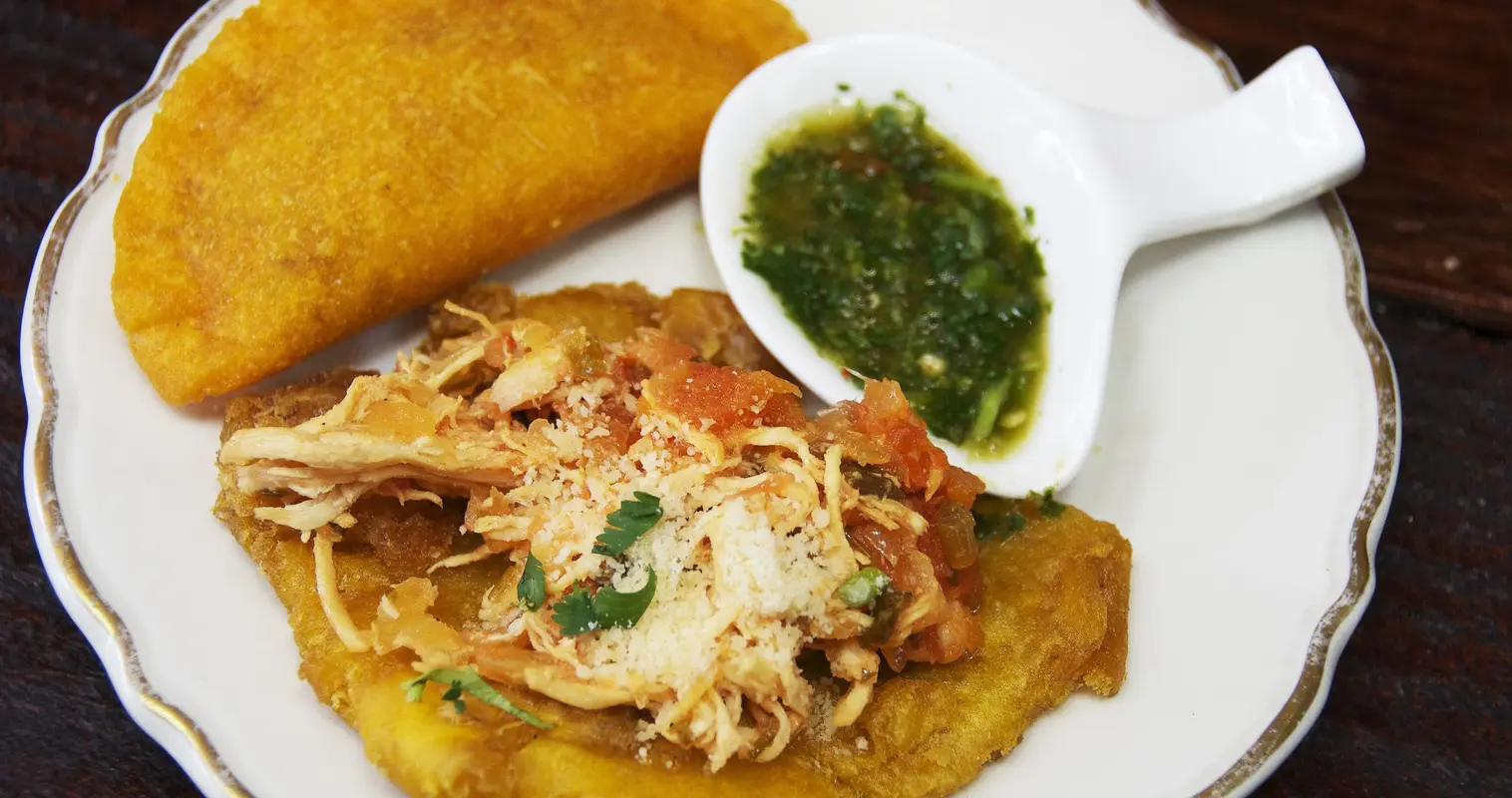 A plate with a golden empanada, shredded meat and green sauce