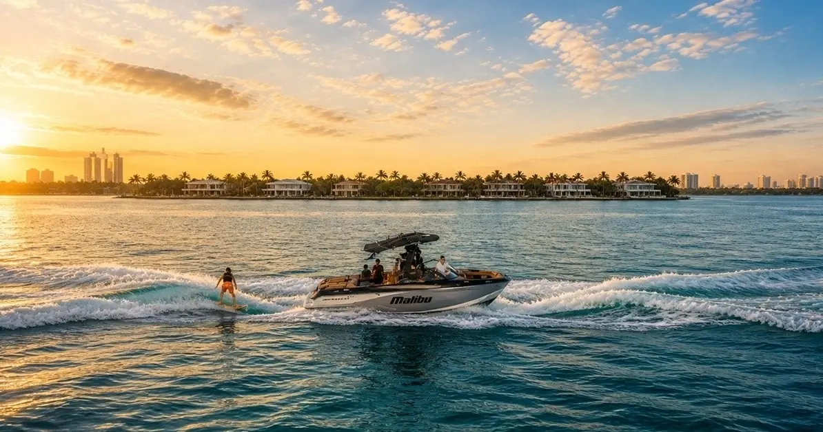 A wake boat towing a rider across the bay at sunset