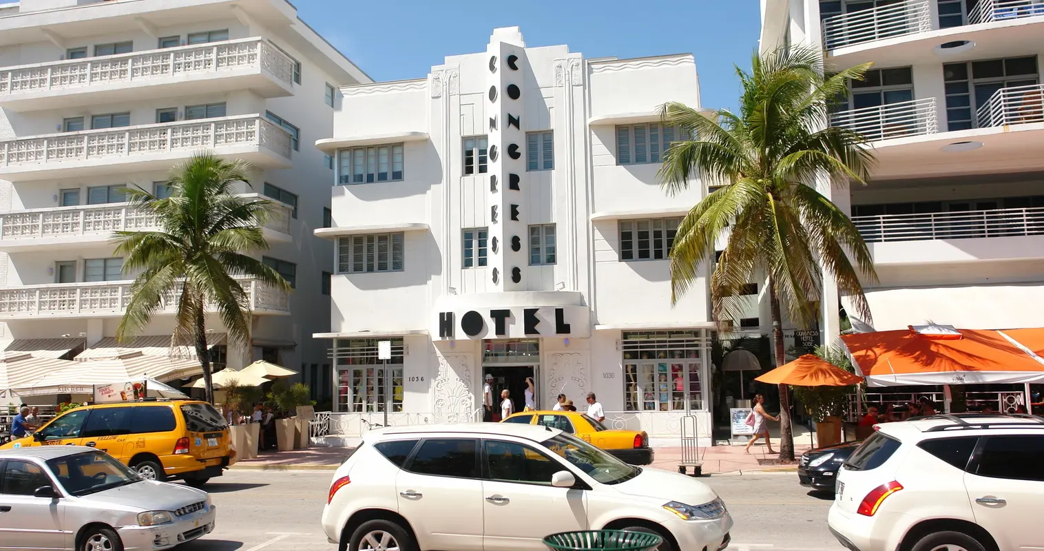 The white Congress Hotel Art Deco facade on Ocean Drive