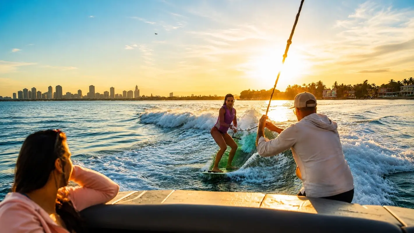 A coach helping a wakesurfer behind a boat at sunset with the Miami skyline