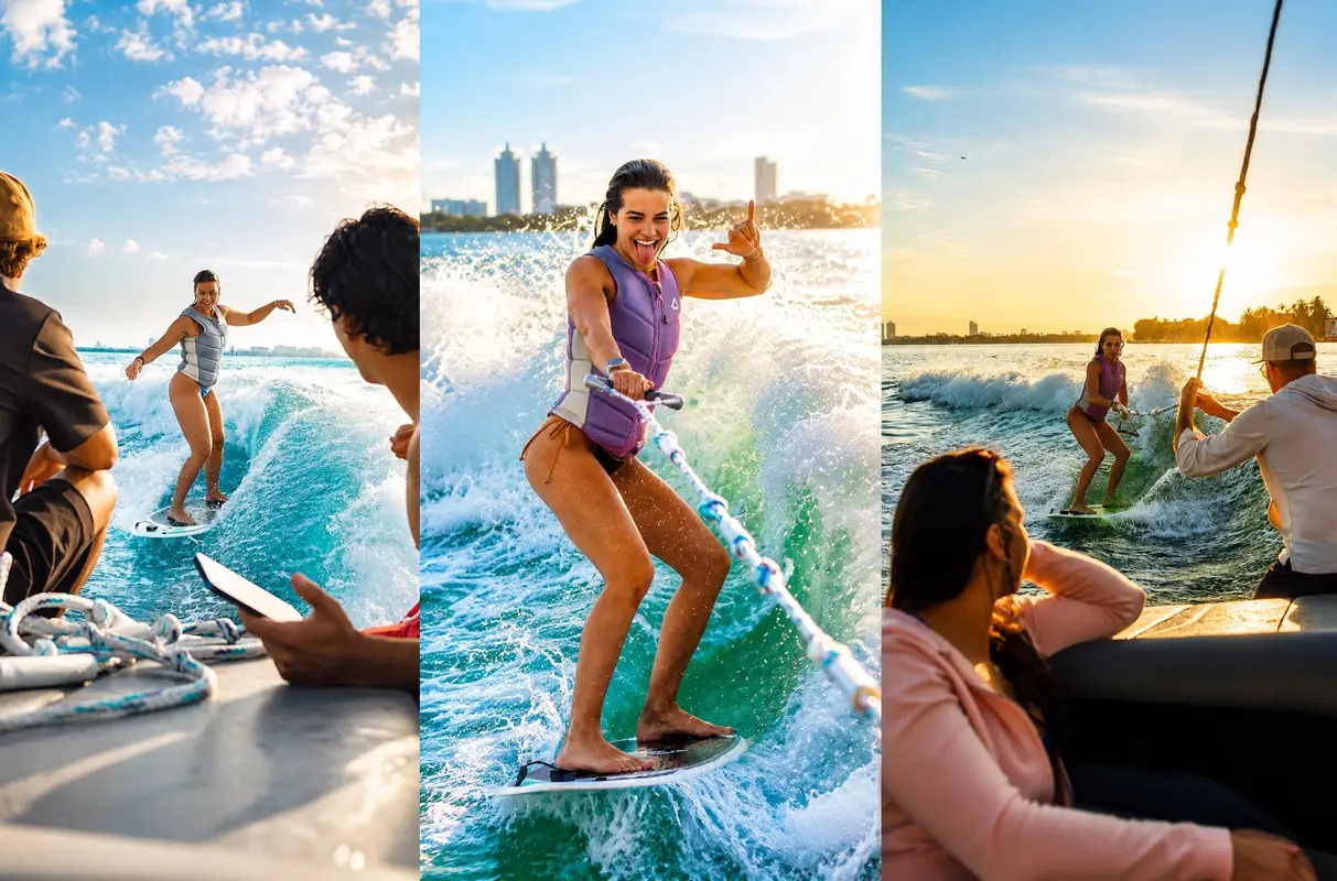 A woman wakesurfing beside the boat with a coach and the Miami skyline