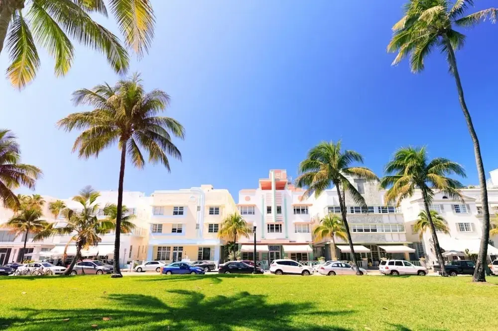 Art Deco hotels behind palm trees and the Lummus Park lawn