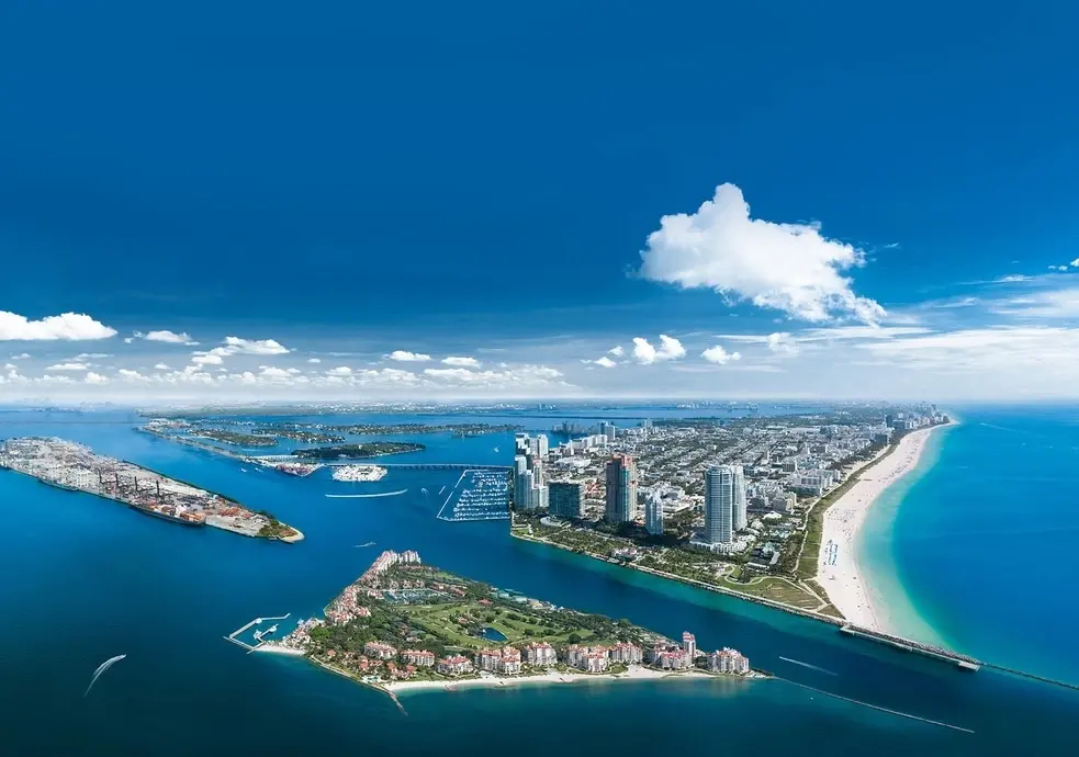 Aerial view of South Pointe, Fisher Island and Miami Beach