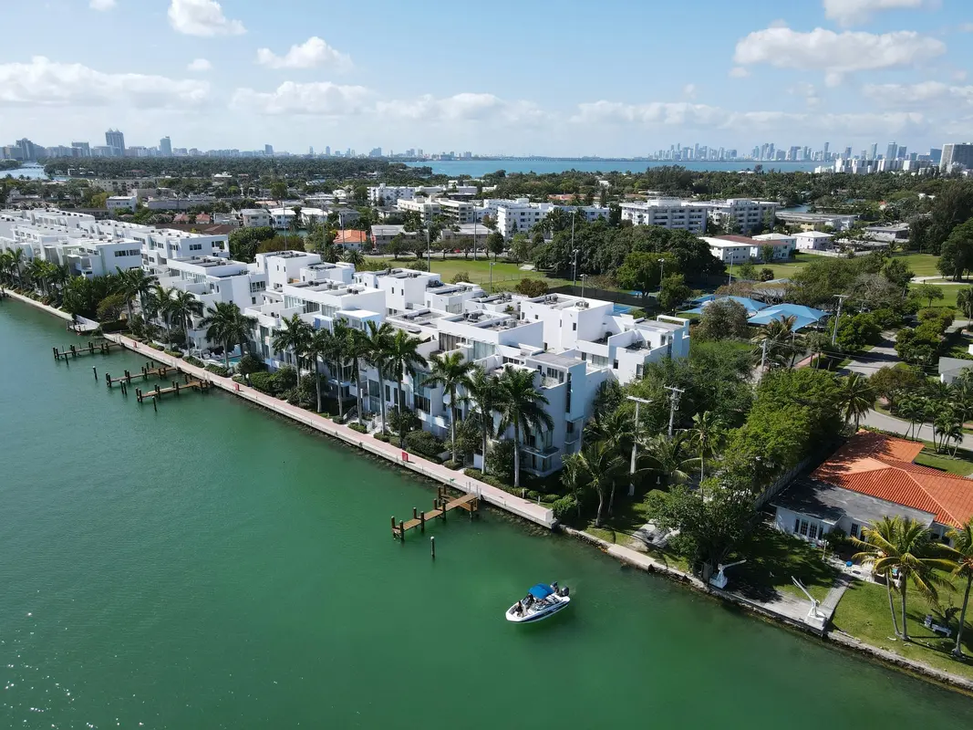 Aerial view of waterfront homes along a Miami Beach canal