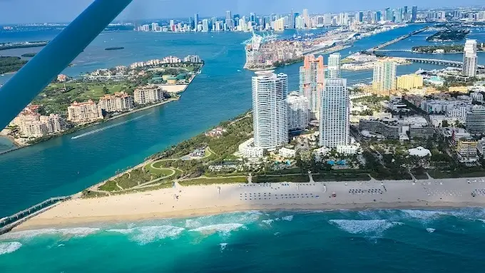 Aerial view of South Pointe, Fisher Island and the downtown skyline