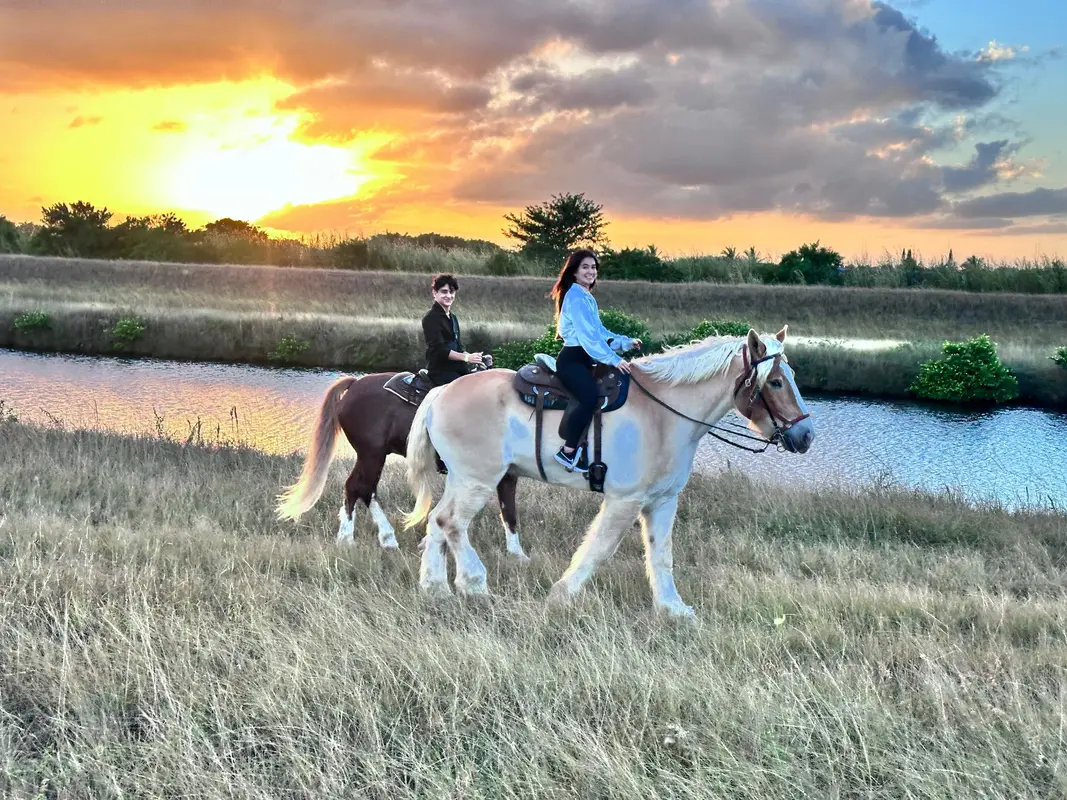Two riders on horseback in tall grass at sunset