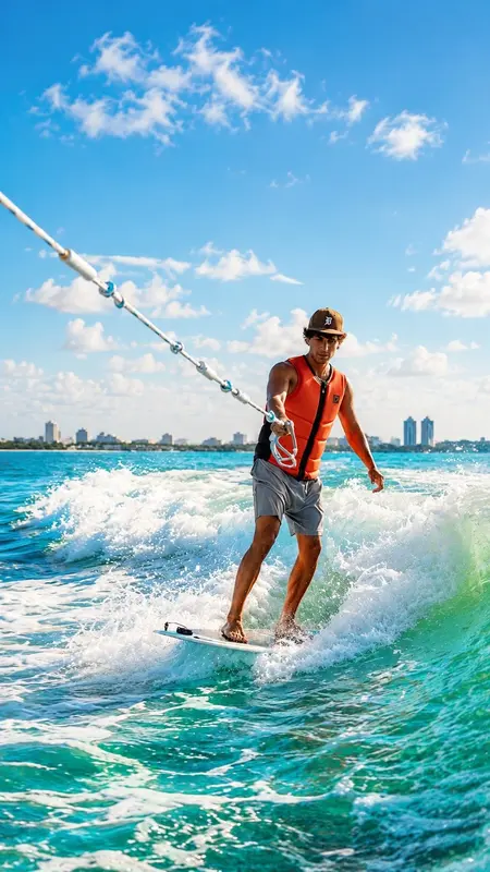 A man wakeboarding on a turquoise wake