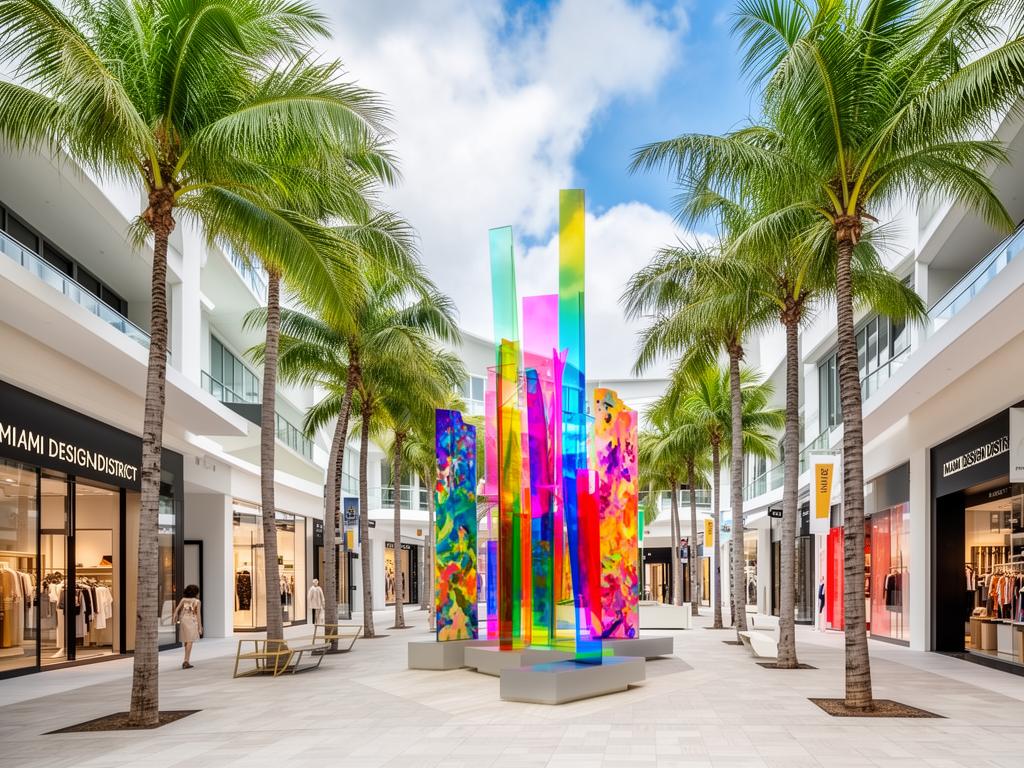 A pedestrian shopping street with palms and colorful public art