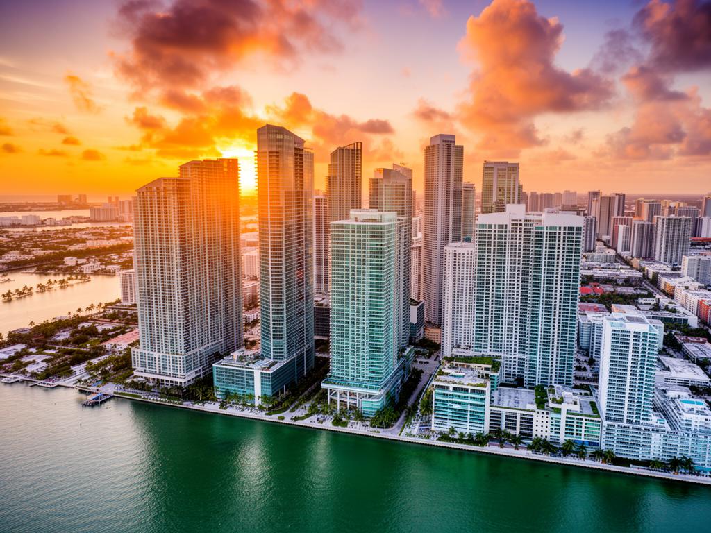 Miami waterfront high-rises in warm sunset light