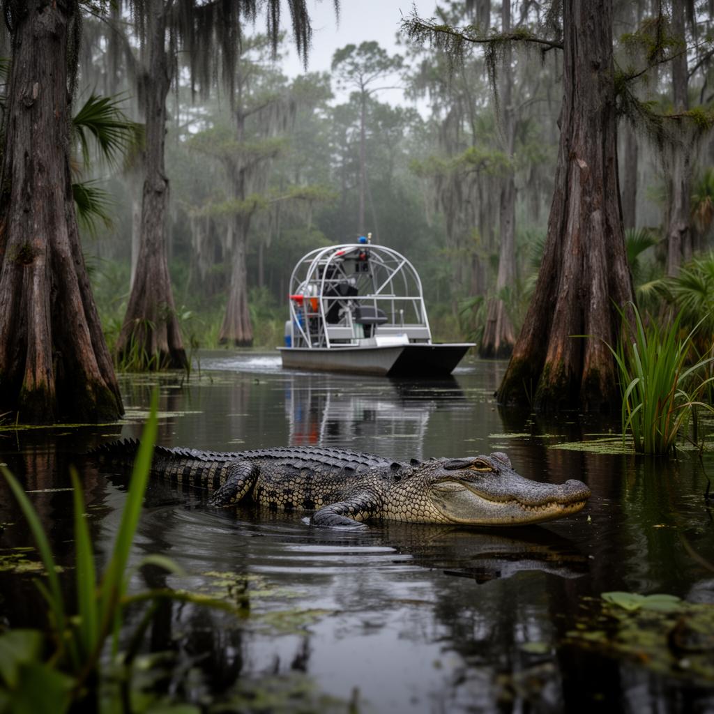An airboat in a shaded wetland channel surrounded by trees