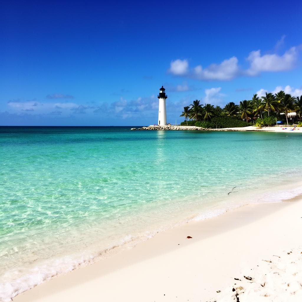 A sandy beach and lighthouse across turquoise water