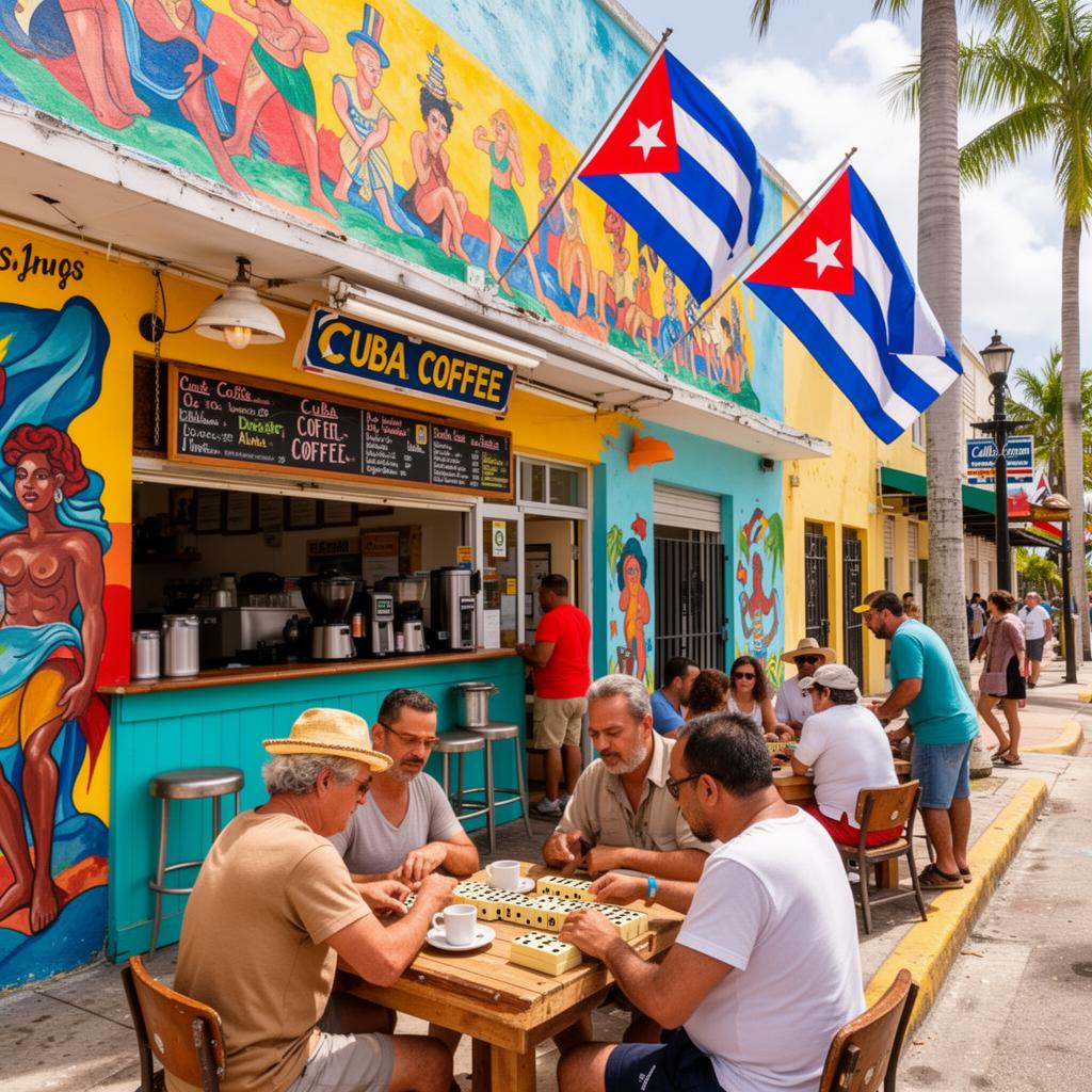 People seated outside a colorful Little Havana storefront