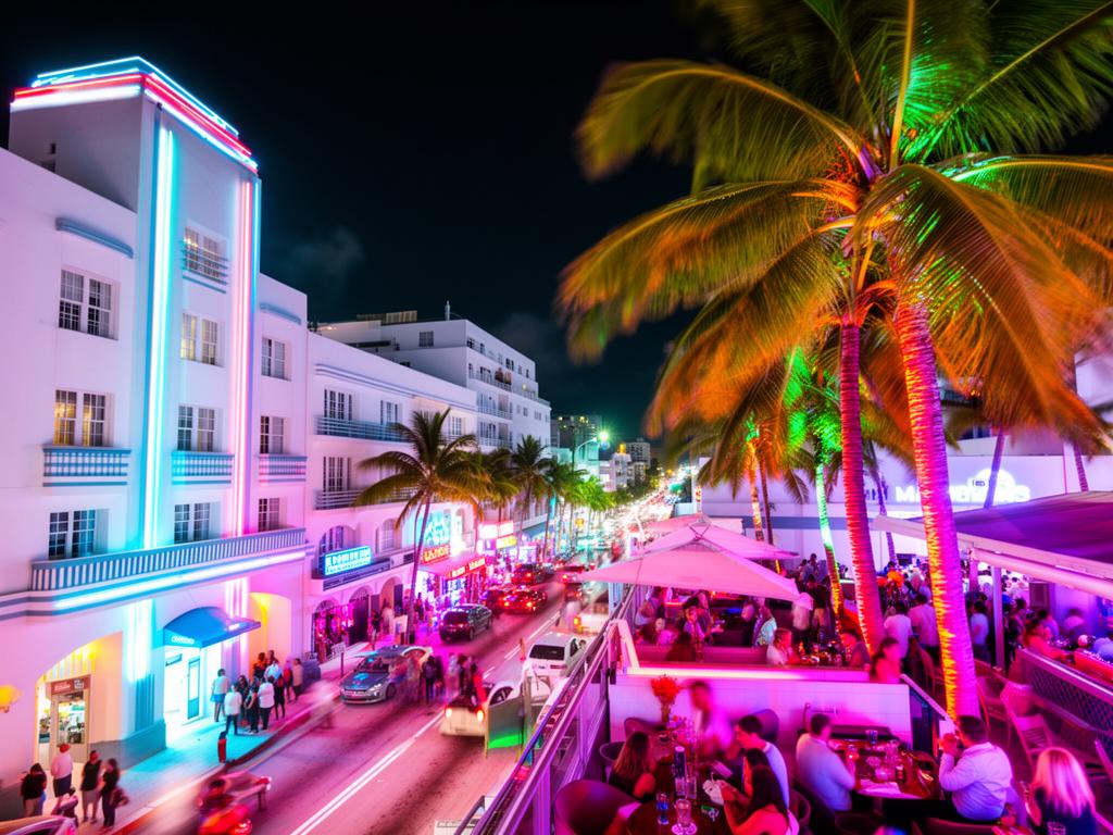 Neon-lit Art Deco buildings and a busy palm-lined street at night