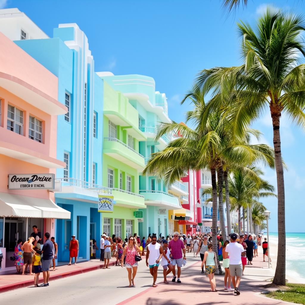Pastel Art Deco façades and palm trees on a South Beach street
