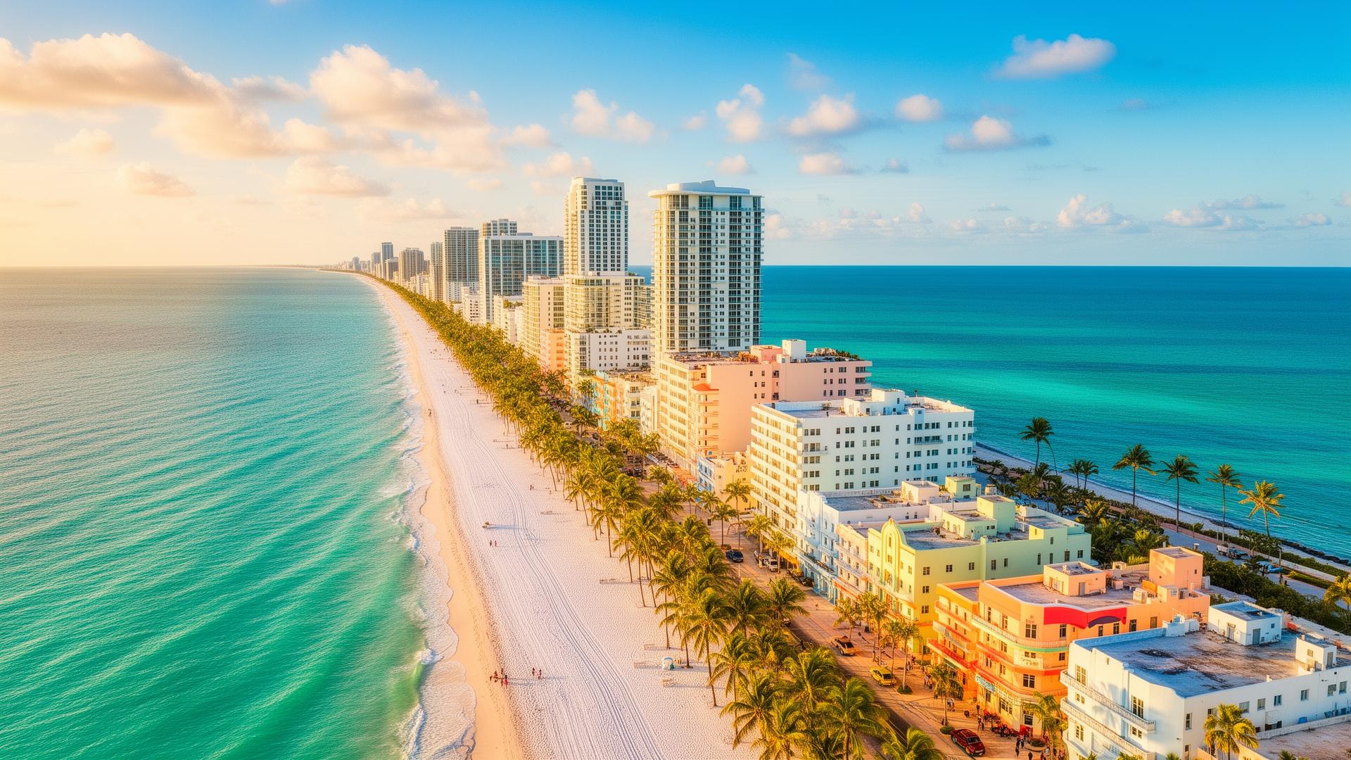 Aerial view along the Miami Beach shoreline and coastal buildings