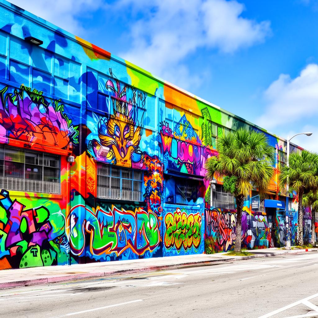 A long wall covered in colorful Wynwood street art