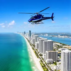 A helicopter flying above the Miami Beach coastline