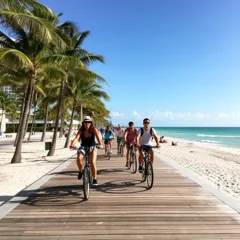 Cyclists on a palm-lined beachfront path