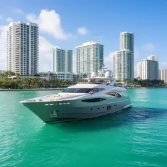 A motorboat on turquoise water near waterfront buildings