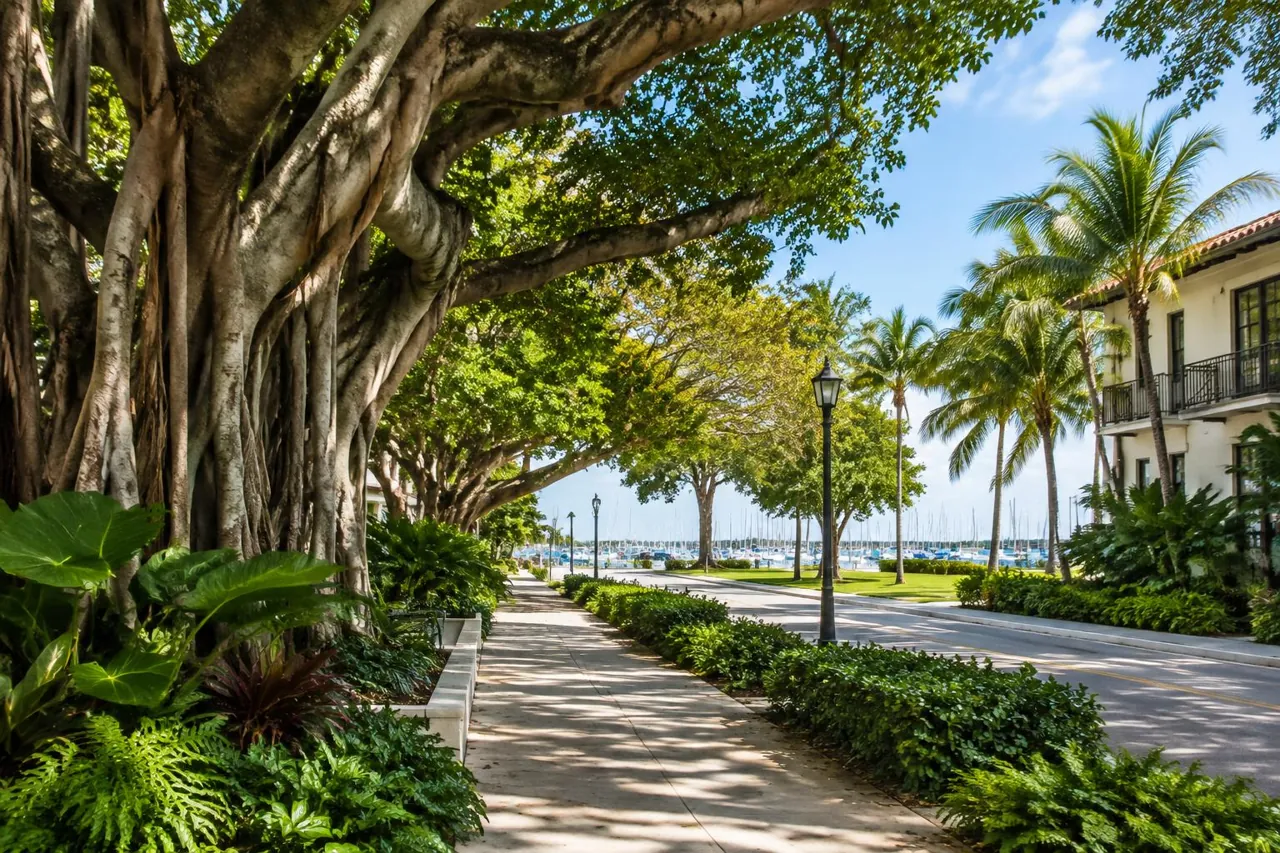 AI illustration inspired by Coconut Grove: banyan-shaded sidewalk with tropical foliage and marina masts