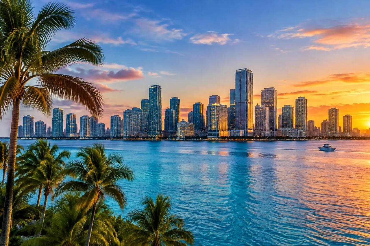 AI illustration of the Miami waterfront skyline in sunset light; not an event photograph