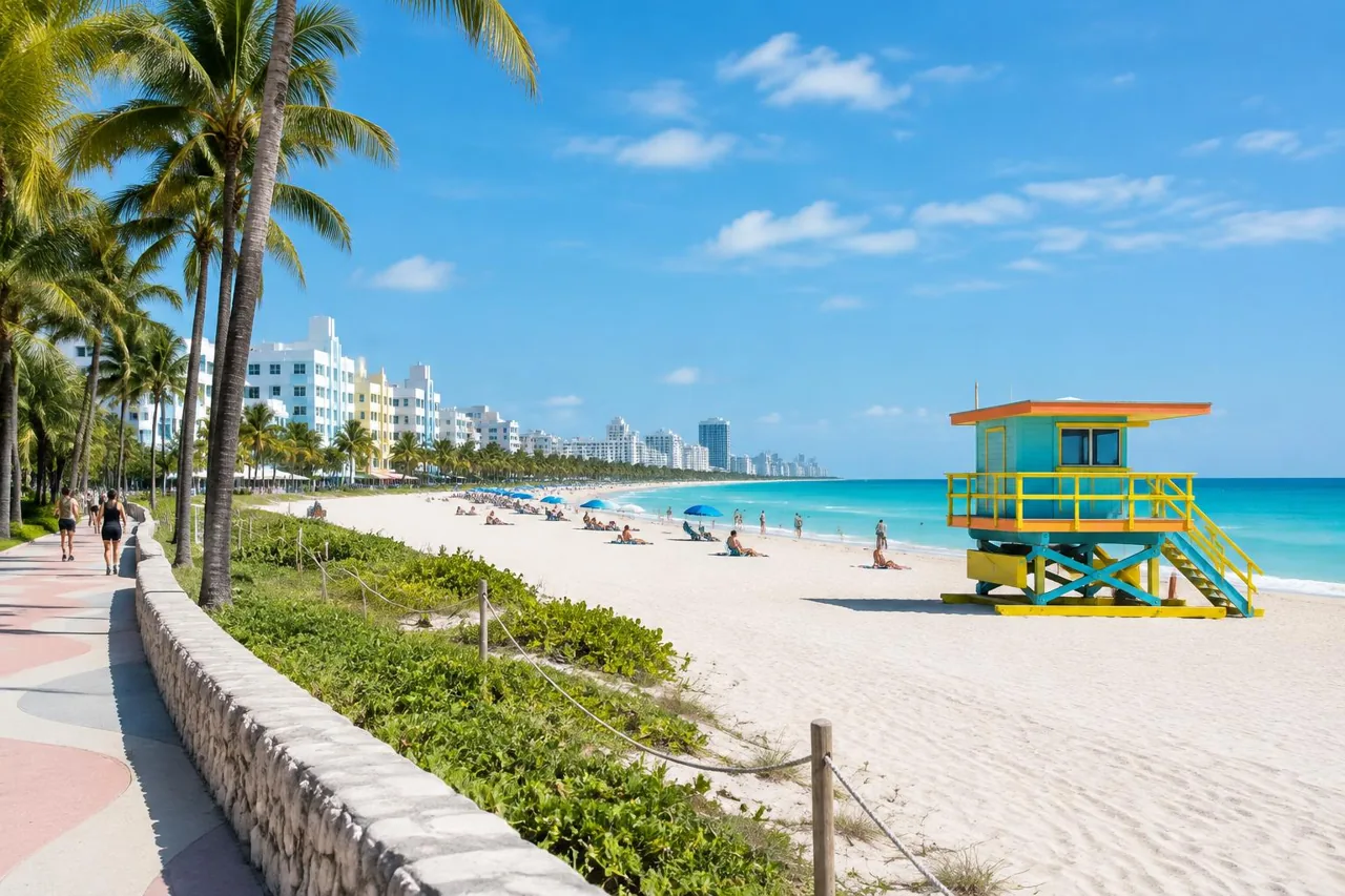 AI illustration of a palm-lined Miami Beach beachwalk, turquoise sea and colorful lifeguard tower
