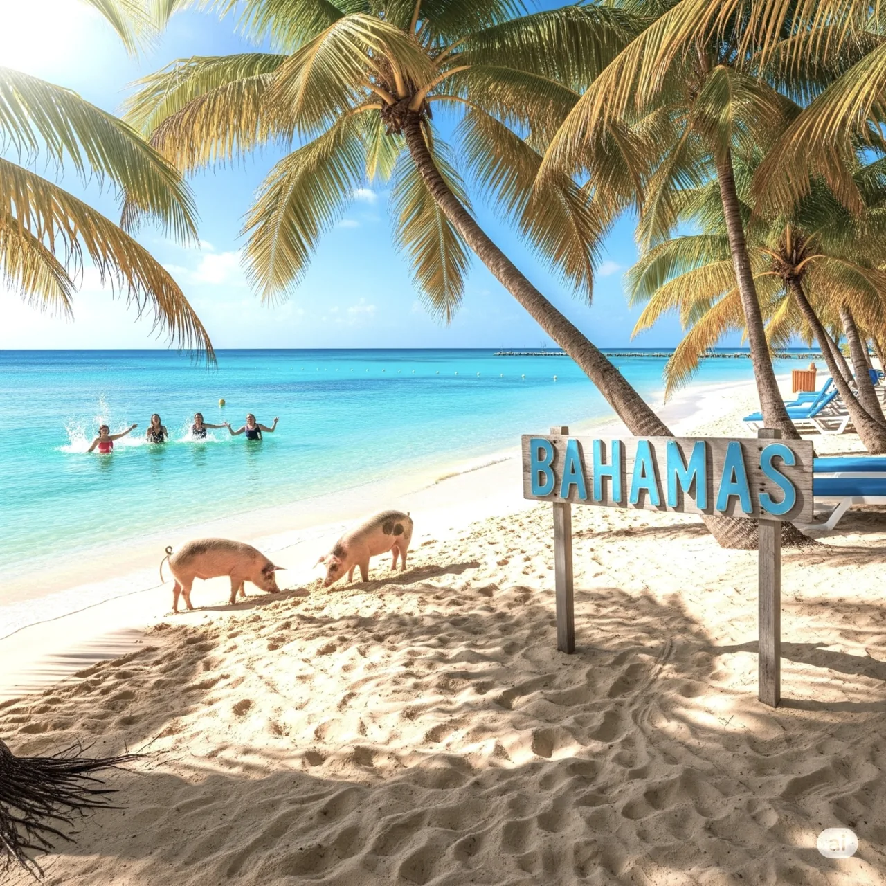 Palm-shaded beach with lounge chairs beside turquoise water