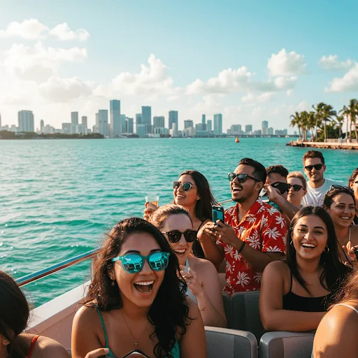 Passengers on an open boat with the Miami skyline behind them