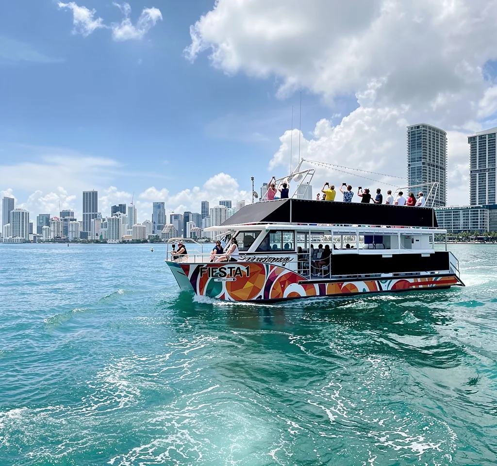 A sightseeing boat crossing Biscayne Bay