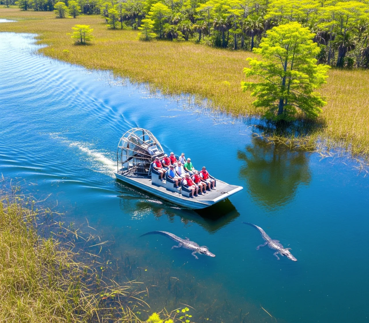 An airboat moving through a channel bordered by marsh vegetation