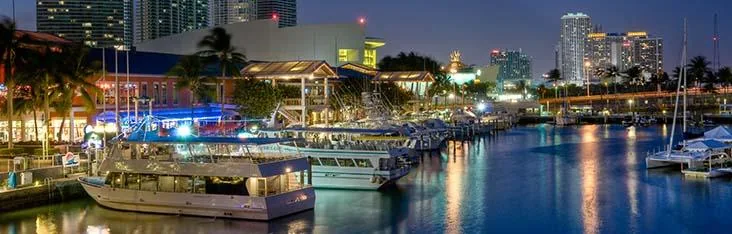 An illuminated waterfront promenade and marina at night