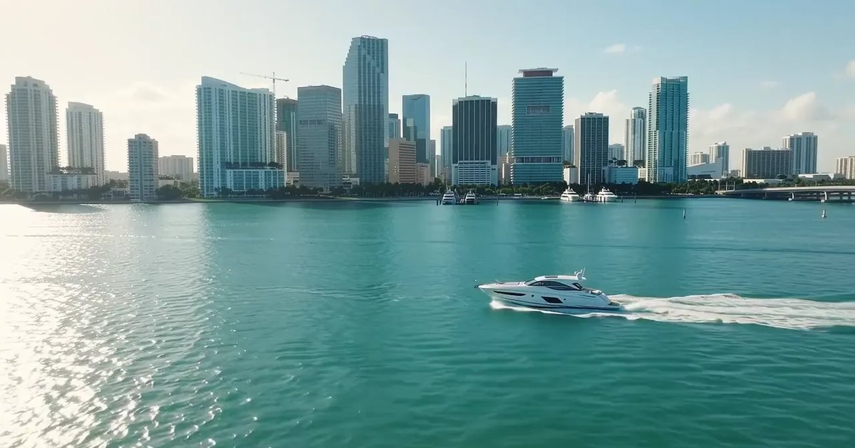 Motor yacht crossing turquoise bay water in front of the Miami waterfront skyline