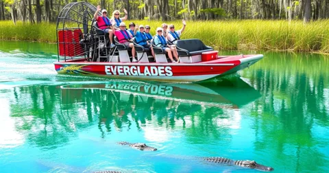 Everglades airboat with passengers beside wetland vegetation