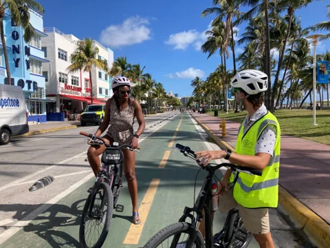 Cyclists riding along a palm-lined Miami Beach street