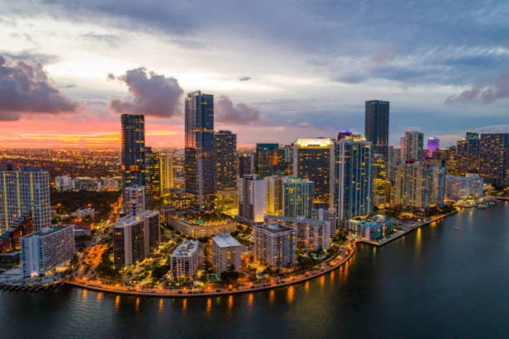 Miami waterfront buildings in evening light