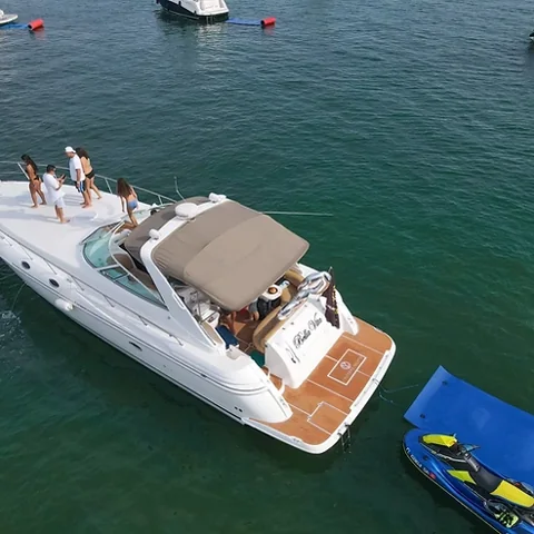 Overhead view of a motor yacht with an open aft deck